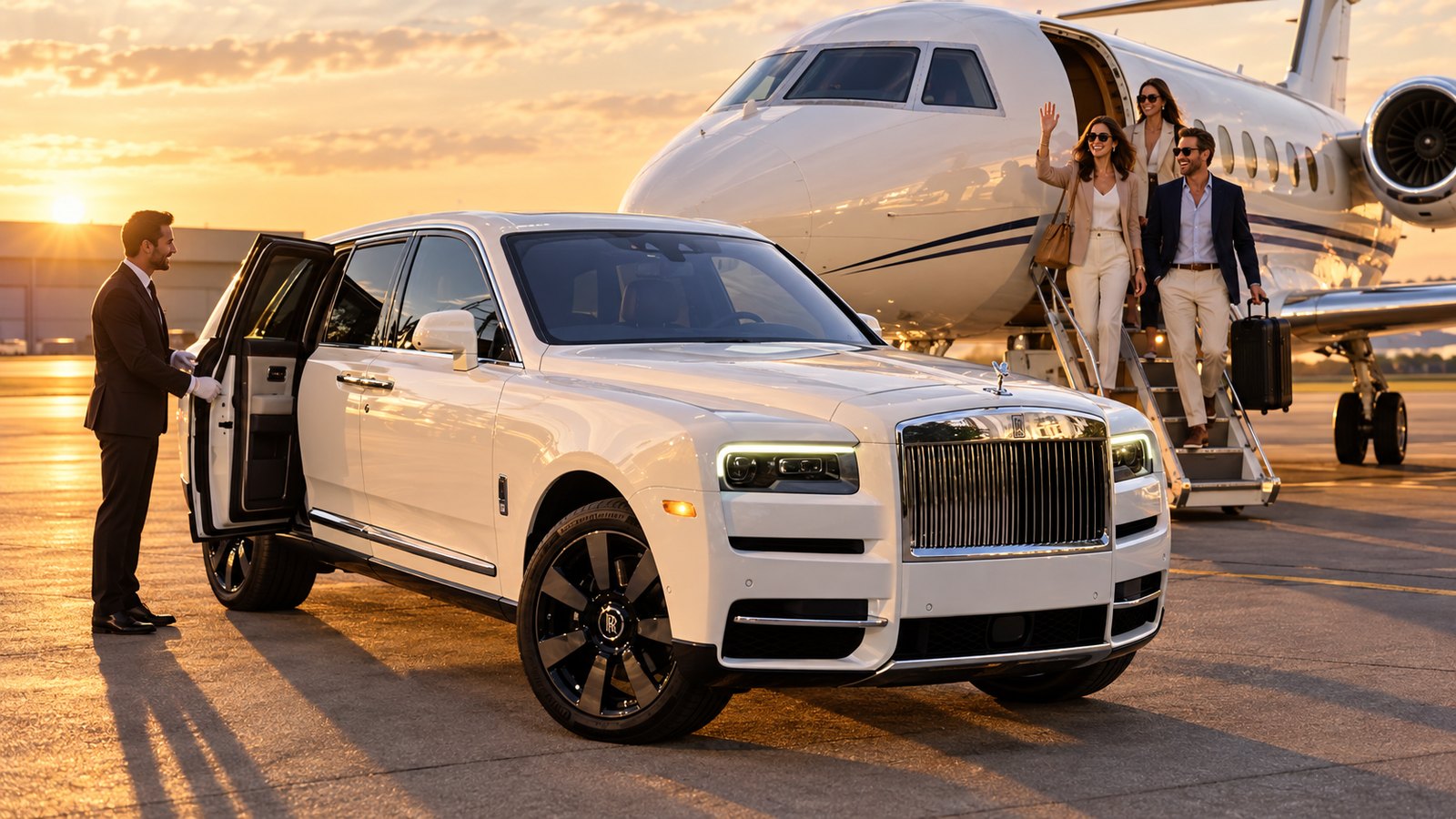 A chauffeur holds the door of a white Rolls-Royce Cullinan beside a private jet at golden hour