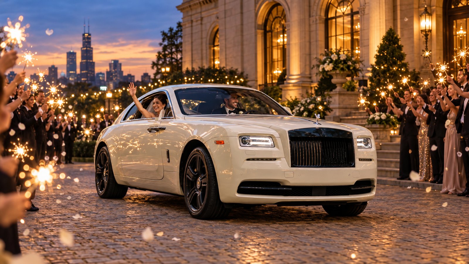 A sparkler send-off for newlyweds and a cream Rolls-Royce Wraith, the Chicago skyline at dusk